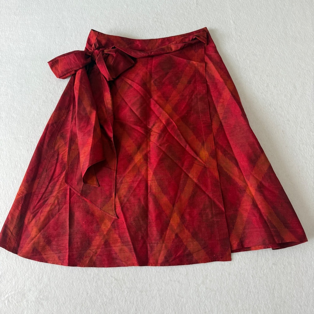 Banana Republic 100% Silk Wrap Skirt Women 6 Red Plaid A-Line Midi Side Tie